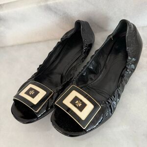 Tory Burch Leather Logo Square Peep Toe Slip-on Ballet Flats Black Size 7.5